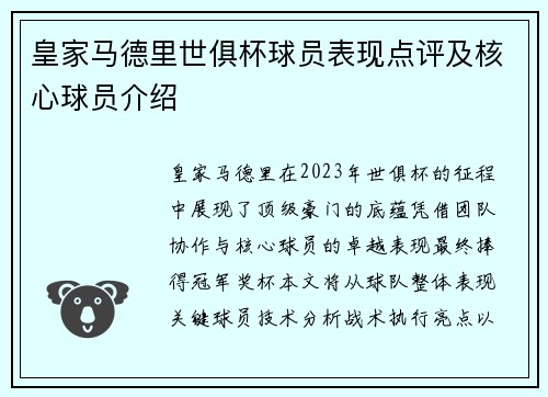 皇家马德里世俱杯球员表现点评及核心球员介绍